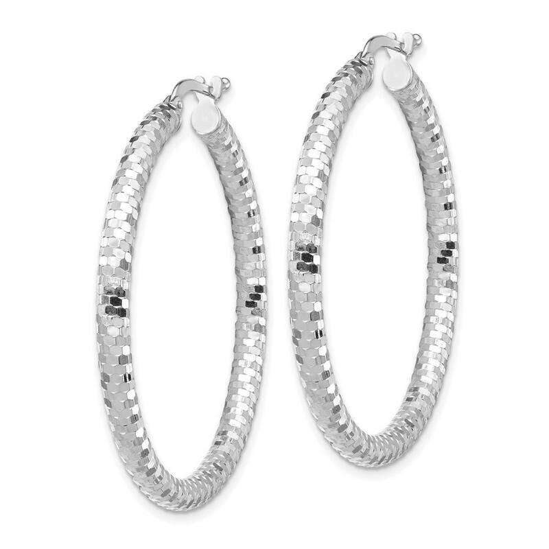 Curata 14k White Gold 3x30mm Sparkle Cut Hoop Earrings