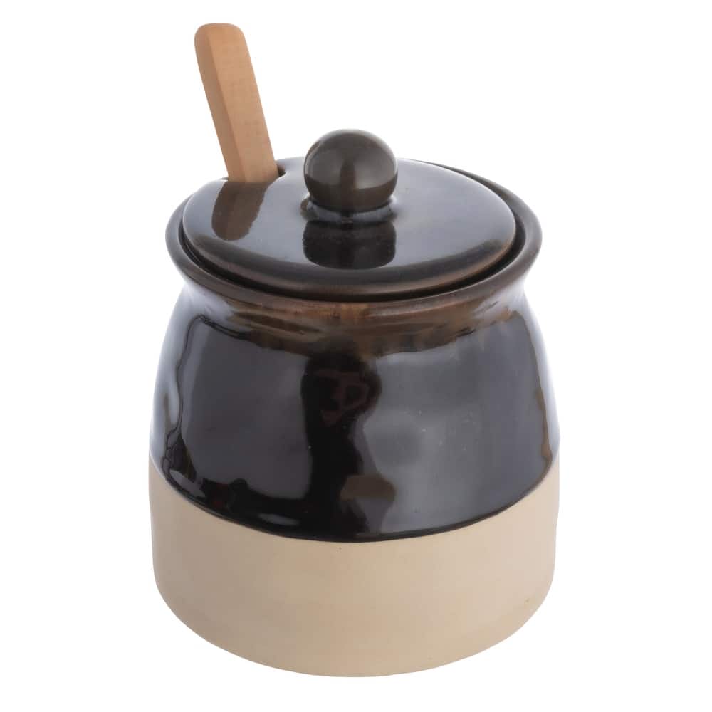 Stoneware Sugar Pot with Lid and Wood Spoon - 3.8"L x 3.8"W x 4.4"H