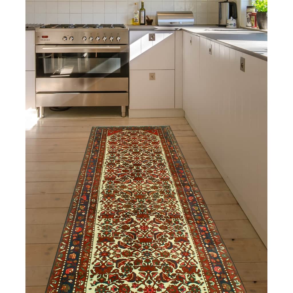 Fine Vintage Distressed Magdali Ivory/Red Runner - 3'9" x 9'11"