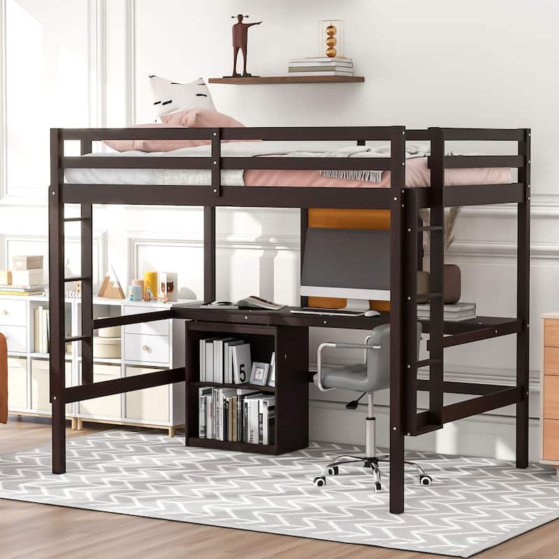 Espresso Pine Wood Loft Bed with Desk and Cabinet, Writing Board, Full-Length Guardrail - Full - Espresso