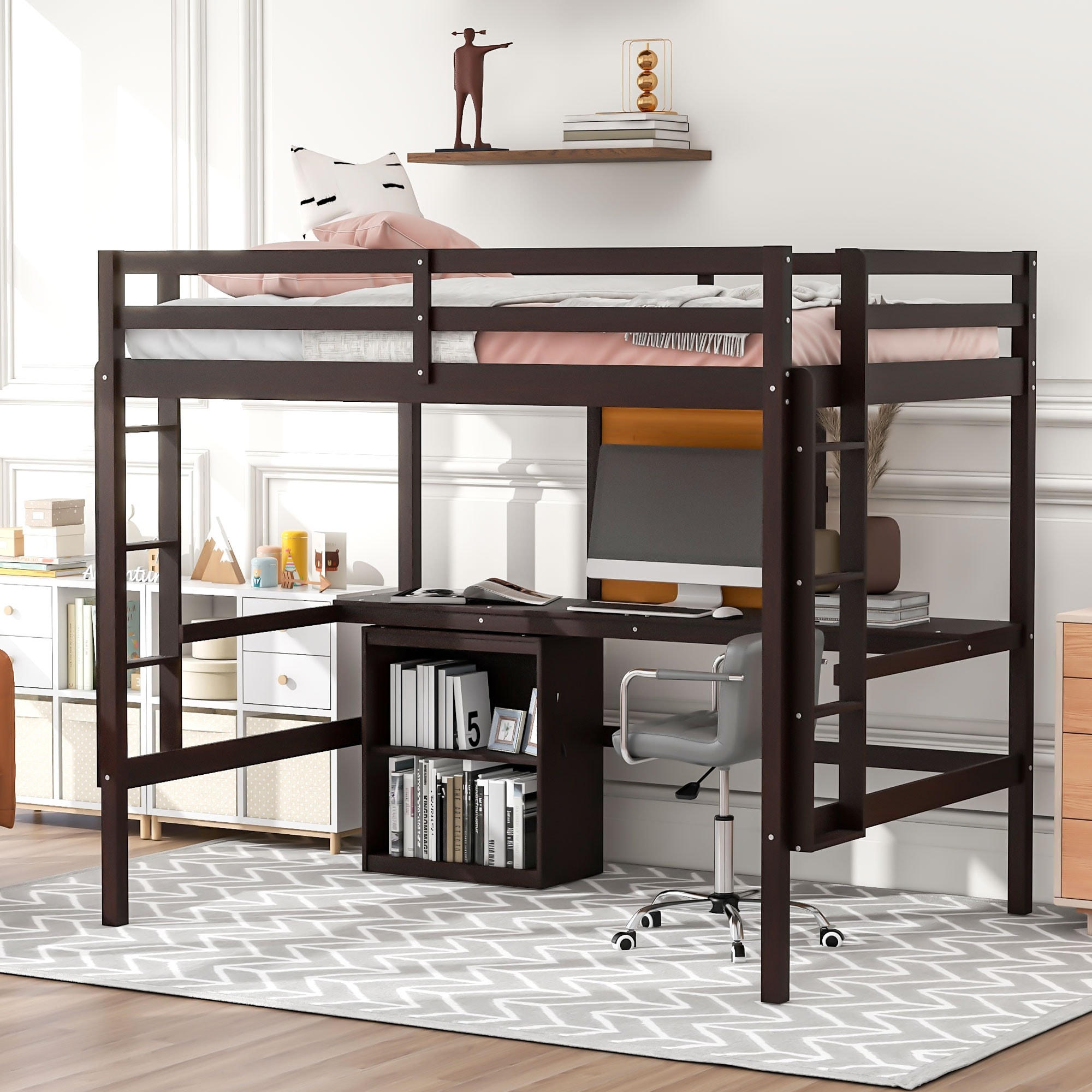 Full Size Loft Bed with Desk and Writing Board Wooden Loft Bed