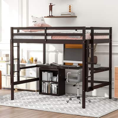 Loft Bed with Desk and Writing Board, Wooden Loft Bed with Desk & 2 Drawers Cabinet