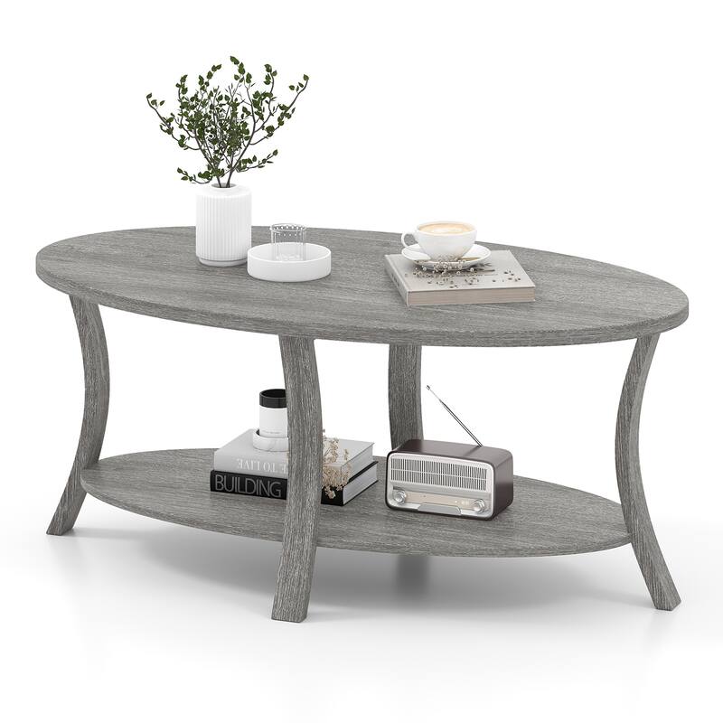 Grey Rubber Wood 2-Tier Coffee Table with Storage Shelf - 44” x 24” x 18.5”