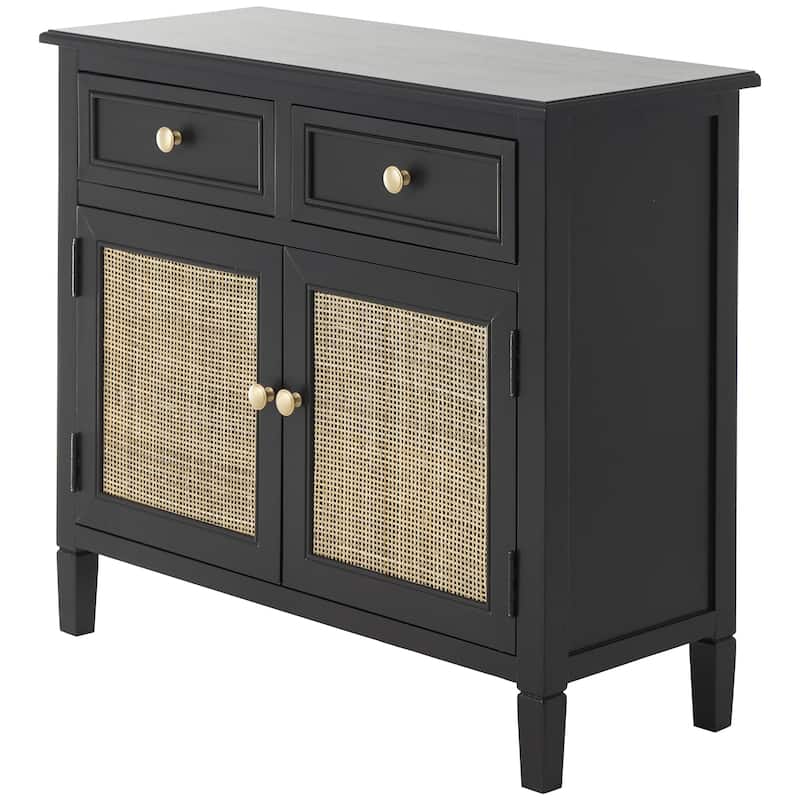Wood Handmade 2 Door and 2 Drawer Cabinet with Rattan Front - Black - Roche River Decor - Black