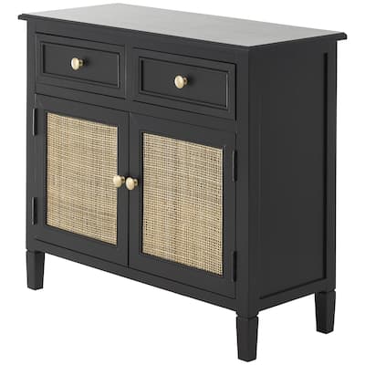 Wood Handmade 2 Door and 2 Drawer Cabinet with Rattan Front - Black - Roche River Decor