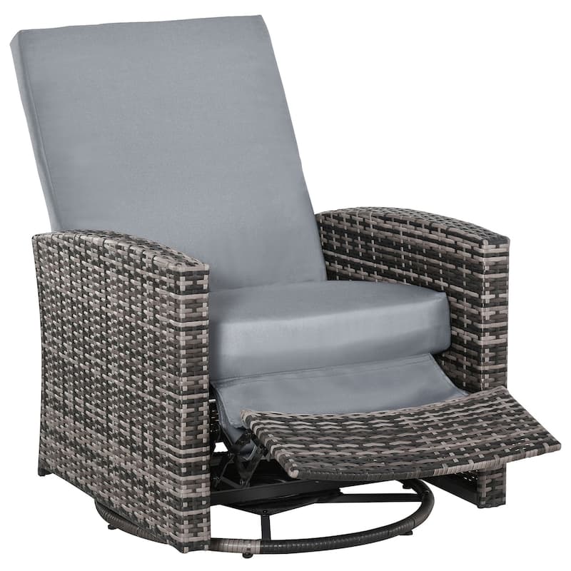 Outsunny Outdoor Wicker Swivel Recliner Chair, Reclining Backrest, Lifting Footrest, 360° Rotating, Water Resistant Cushions - Grey