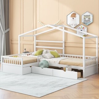 Twin Size Wood House Platform Bed with 3 Storage Drawers, White