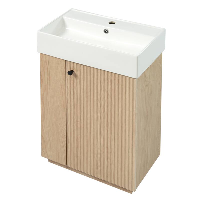 22" Bathroom Vanity with Ceramic Sink - Freestanding Modern Wood Grain Cabinet, Open & Closed Storage for Small Bathrooms