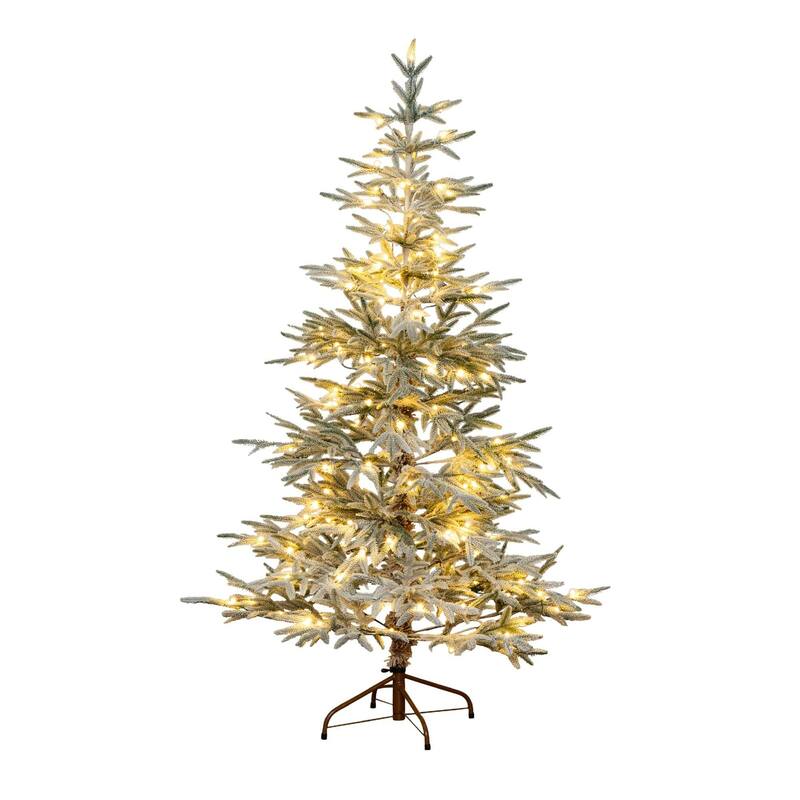 Pre-lit Slim Flocked Woodland Fir Christmas Tree - 6’ - Warm White LED Lights - 6 Foot