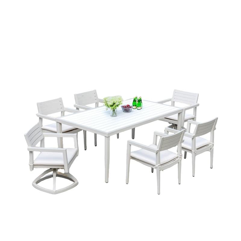 7-Piece Aluminum Patio Set – 4 chairs, 2 swivel rockers (Sunbrella cushions),and a white/gray two-tone table with umbrella hole. -  Matte White+Grayish