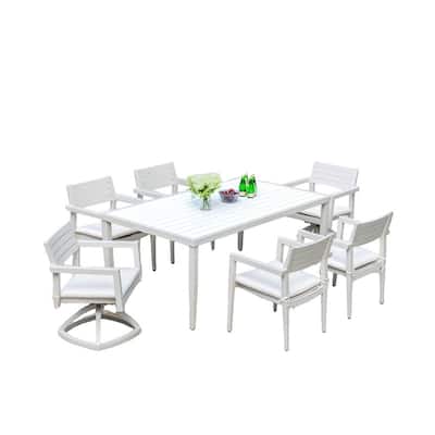 7-Piece Aluminum Patio Set – 4 chairs, 2 swivel rockers (Sunbrella cushions),and a white/gray two-tone table with umbrella hole.