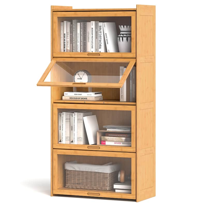 Gymax 4-Tier Bamboo Bookshelf w/Doors See-through Acrylic Doors - Natural