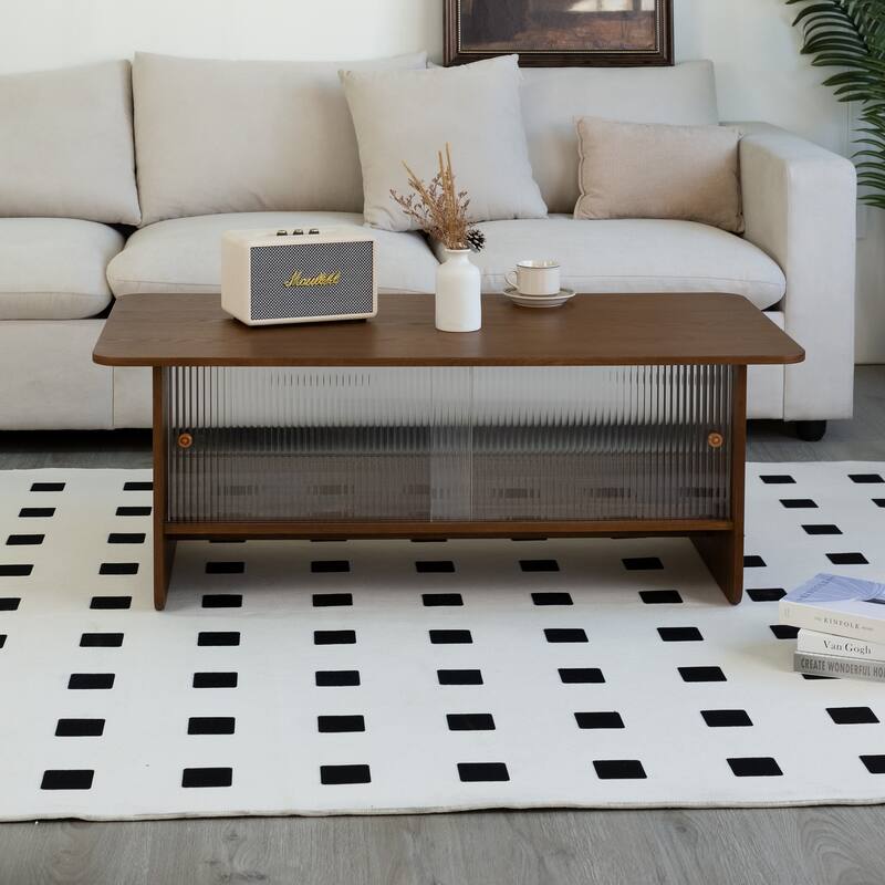 GDFStudio Velmorian Solid Wood Frame Coffee Table with Fluted Glass Sliding Doors and Storage Center