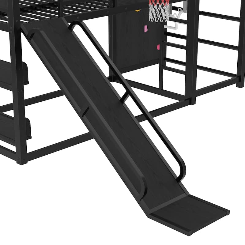 Metal Loft Bed with Basketball Hoop, Pull-up Rings, Climbing Wall and Built-in Bookshelves, Heavy Duty Metal Loftbed Frame