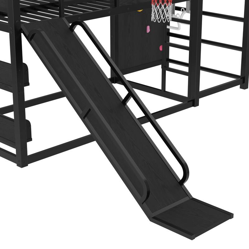 Twin size metal loft/bunk bed with basketball hoop, pull-up rings, climbing wall, and built-in bookshelves