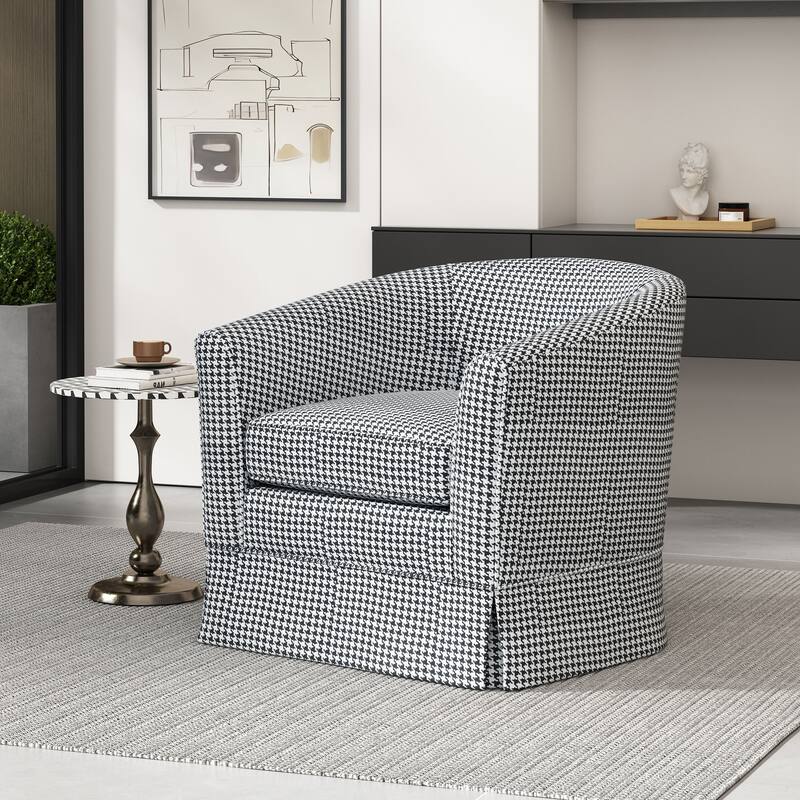 Houndstooth Swivel Chair with Metal Base, Modern Upholstered Accent Armchair, Home Theater Single Sofa with Flared Arms - White