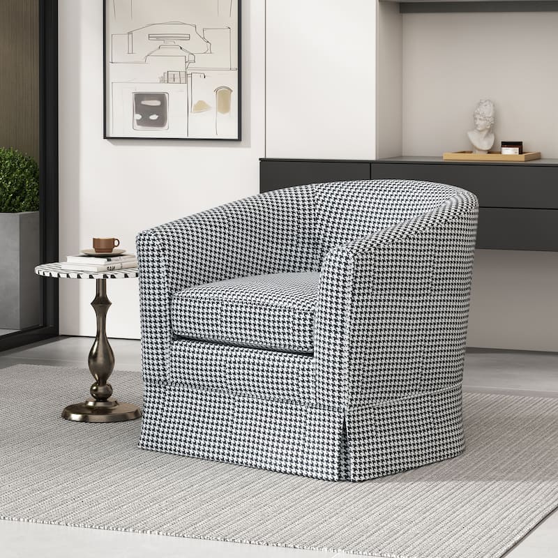 Roomfitters Houndstooth Swivel Barrel Accent Chair with Skirted Base, Upholstered Armchair for Living Room or Office - Black/White