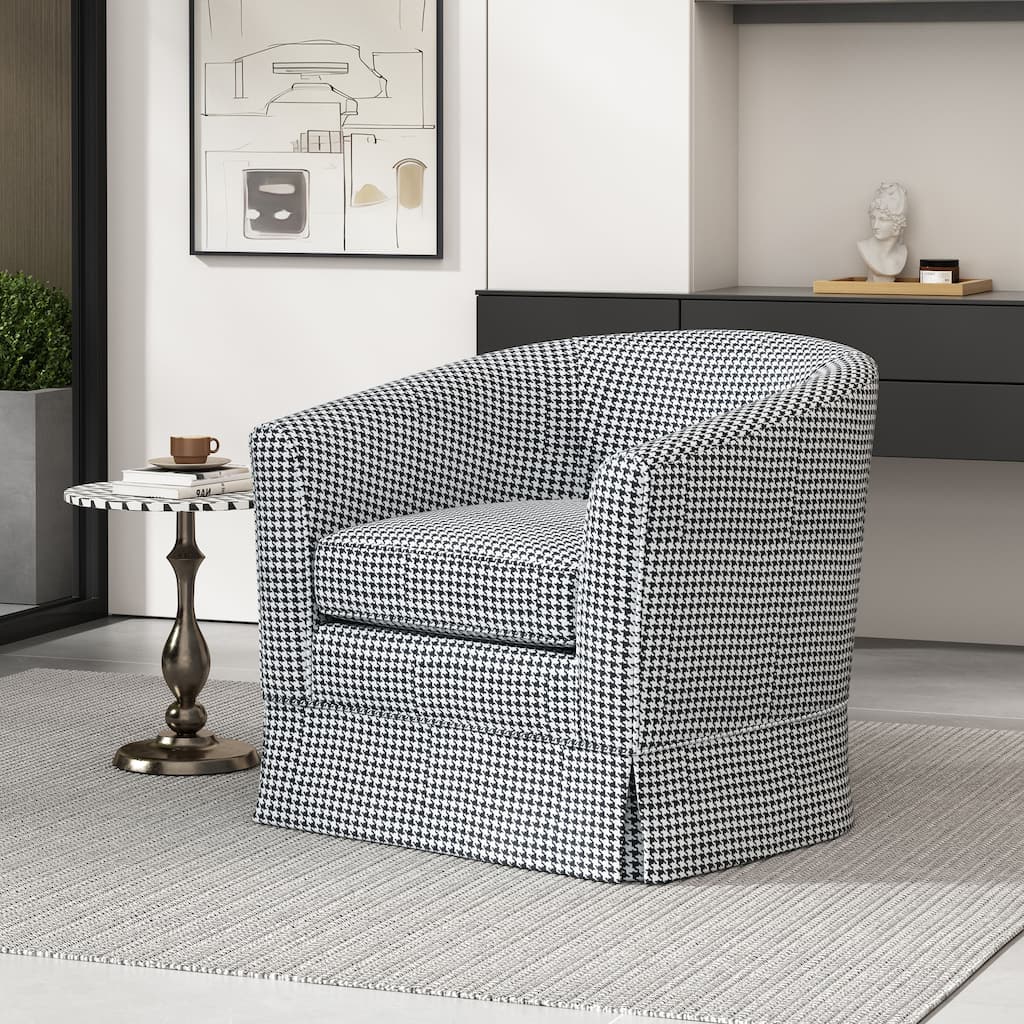Roomfitters Houndstooth Swivel Barrel Accent Chair with Skirted Base, Upholstered Armchair for Living Room or Office
