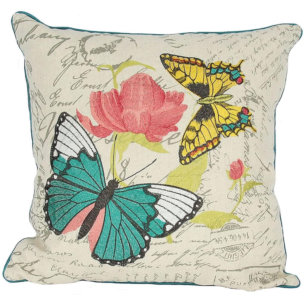 18"x18" Beige and Aqua Butterfly Linen Blend Floral Zippered Pillow