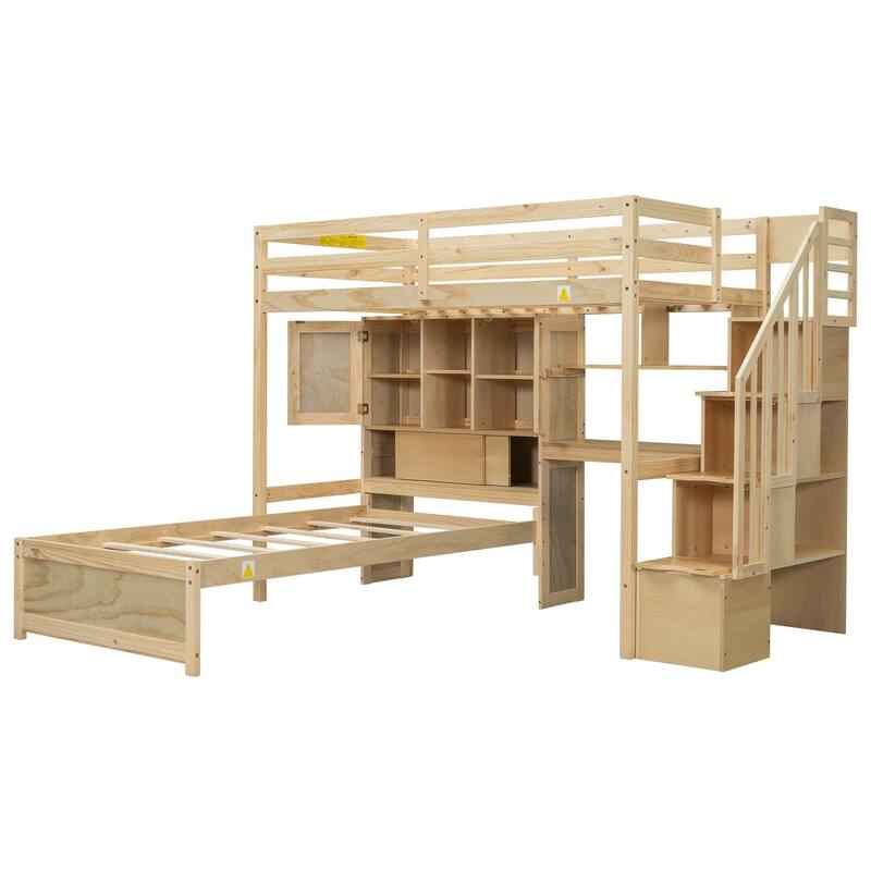 Twin over Twin Loft Bed with Built-in Desk, Staircase & Storage, Natural Pine Wood & MDF