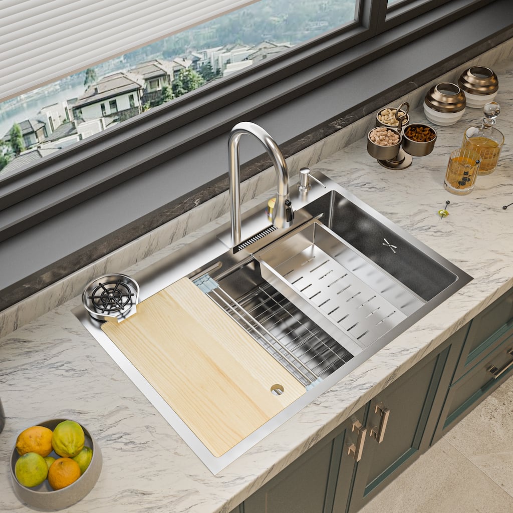 All-in-One Stainless Steel 33.2 in. Bowl Kitchen Workstation Sink