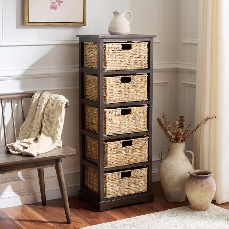 SAFAVIEH Faith Distressed Black 5-Drawer Wicker Basket Storage Tower - 17.3" x 13.4" x 46.1" - 17"W x 13"D x 46"H