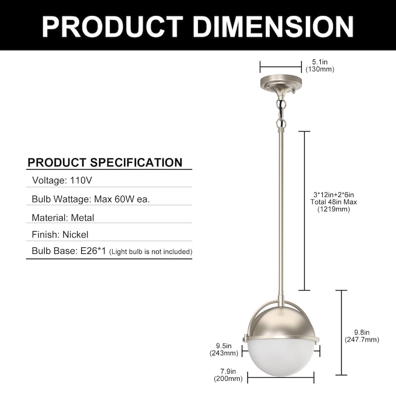 1-Light Satin Nickel Pendant Light, Modern E26 Ceiling Light Fixture with Milk White Glass Globe Shade