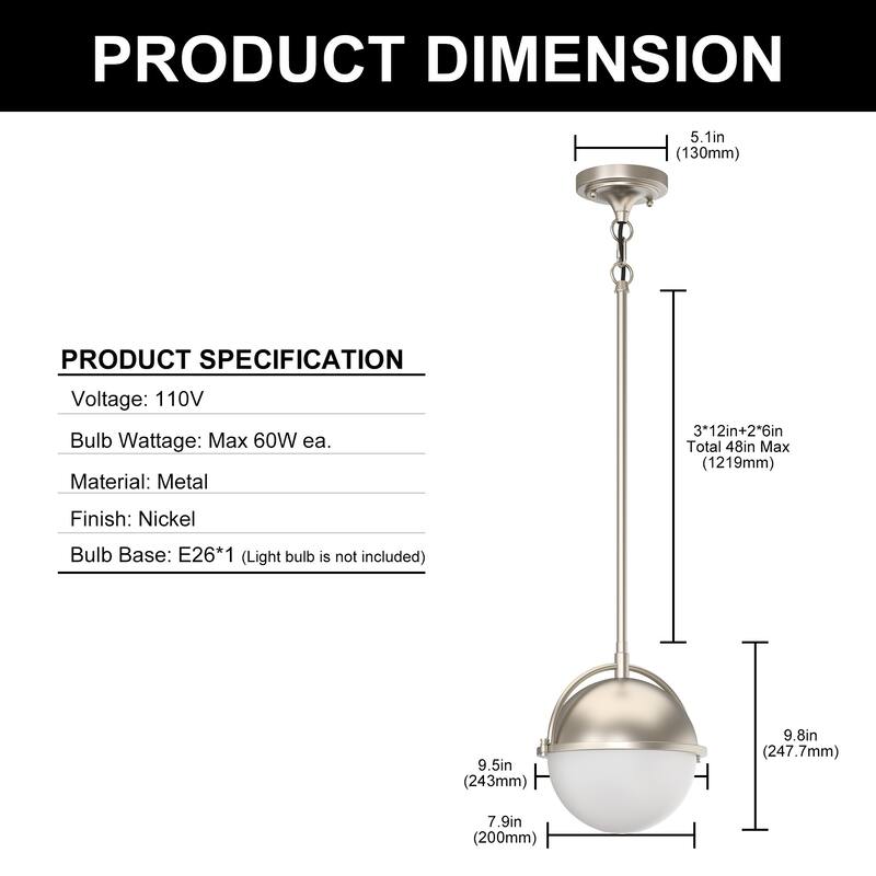 YANSUN 1-Light Ajustable Pendant Light with Milk White Glass Globe Shade, Modern Satin Nickel E26 Ceiling Hanging Light Fixture