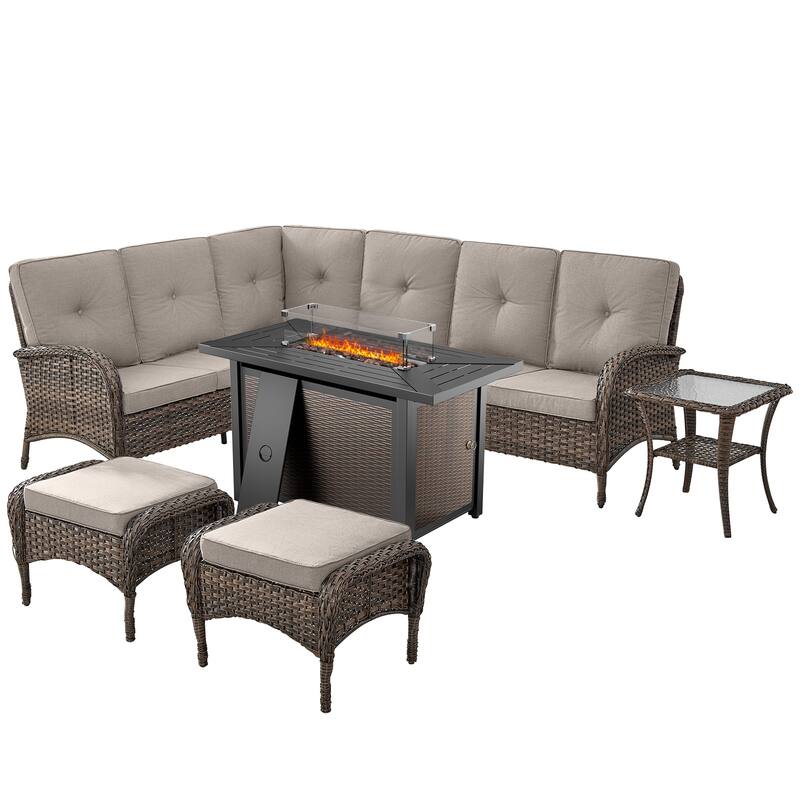 Outdoor Sectional Sofa Ottomans with Fire Pit Table -Beige - Brown