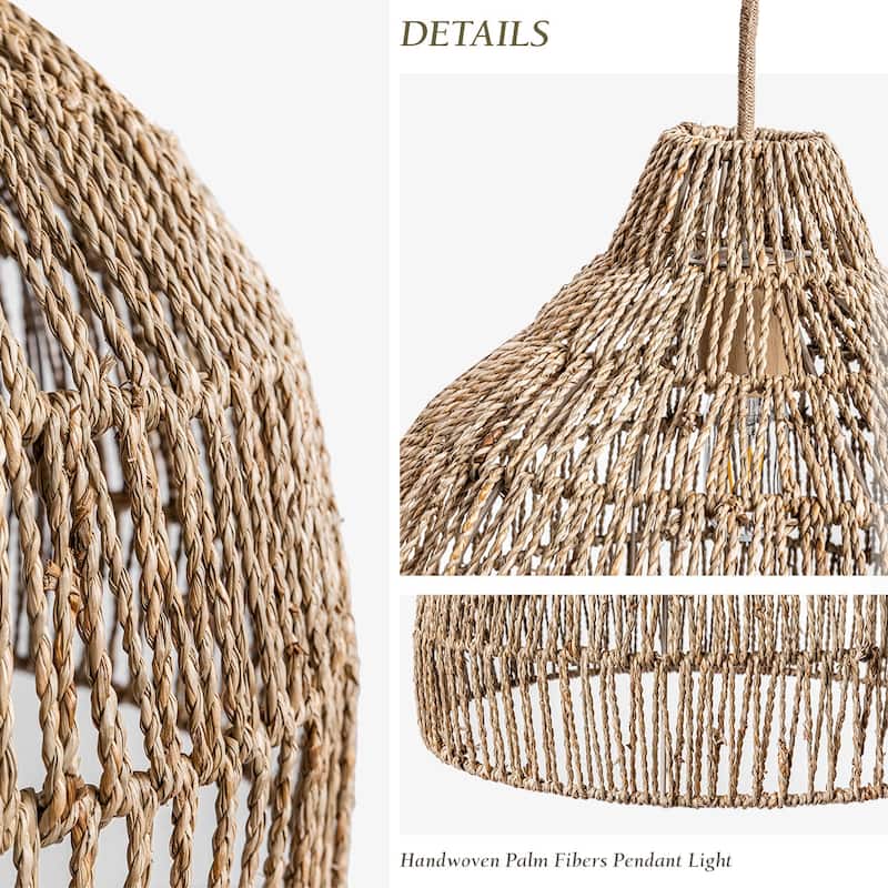 Dreamy Palm Fibers Pendant Light - Natural Dome 1-Light Handwoven Rattan Hanging Light For Modern, Boho, Farmhouse Room Decor
