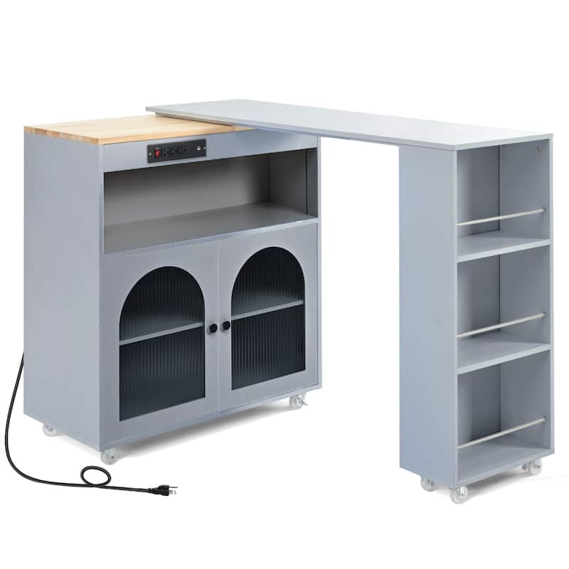 33 in. W Kitchen Island Rubberwood Top on 8 Wheels With Extended Table, LED Lights, Power Outlets