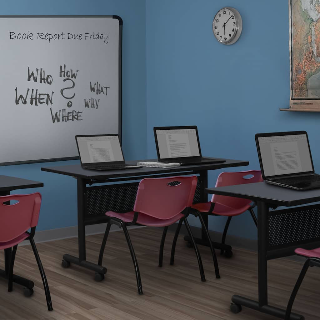 60" x 24" Flip Top Mobile Training Table with Modesty Panel- Grey and 2 "M" Stack Chairs- Burgundy