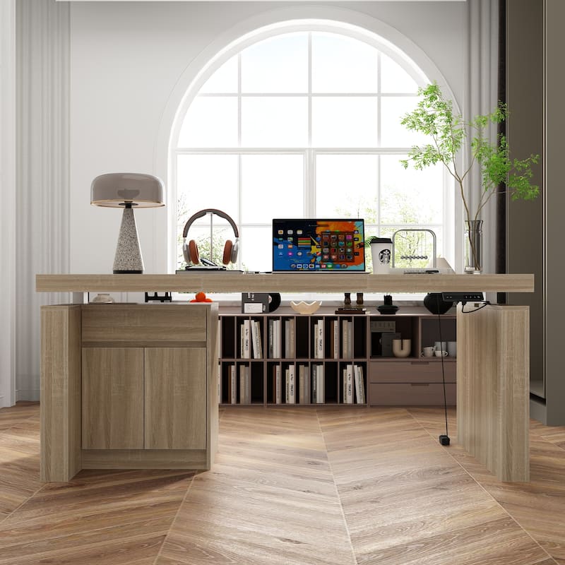 70.9"W Dining Table White Adjustable Workstation Desk Modern Office Desk Height Adjustable Standing Desk Kitchen Island - Oak