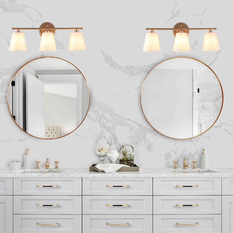 Fabrey Mid-century Modern 3-light Gold Bathroom Vanity Light Cone Beige Fabric Shade Dimmable Wall Sconces