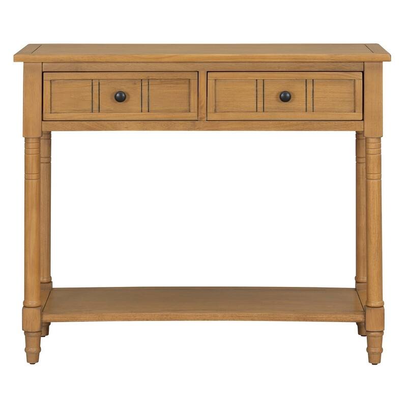 Narrow Console Table, Traditional Pine Wood Design with 2 Drawers and Bottom Shelf for Living Spaces