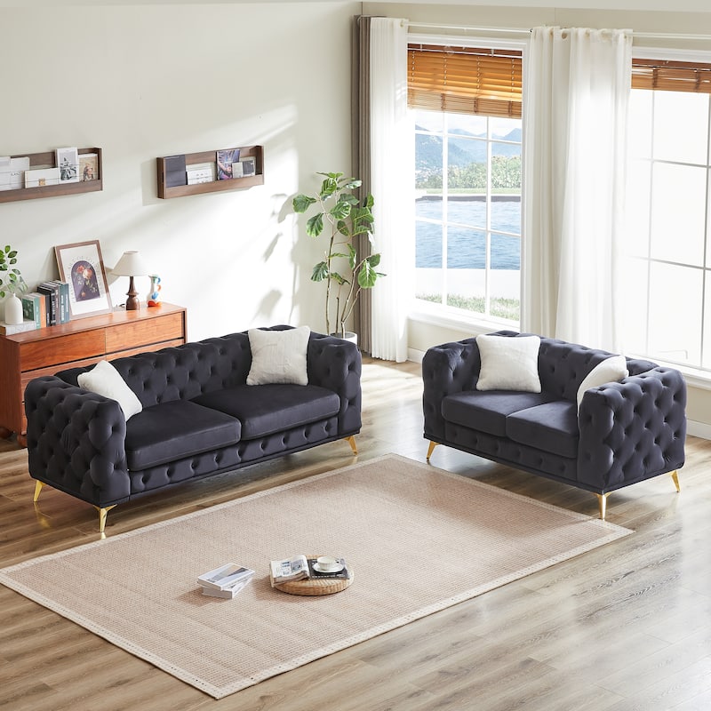 2+3 Seater Chesterfield Sofa Set, Velvet Loveseat & Deep Seat Lounge Couch with Tufted Design and Removable Cushions - Black