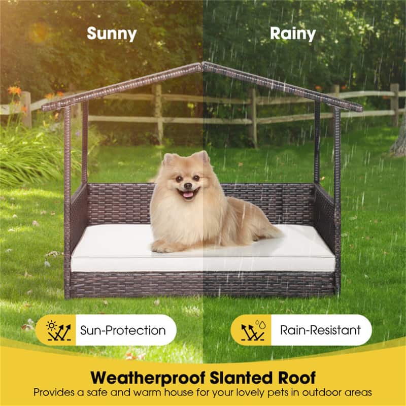 Dog House Outdoor With Canopy, Rattan Dog Bed With Water-Resistant Cushion - 38.5" x 27" x 28.5"