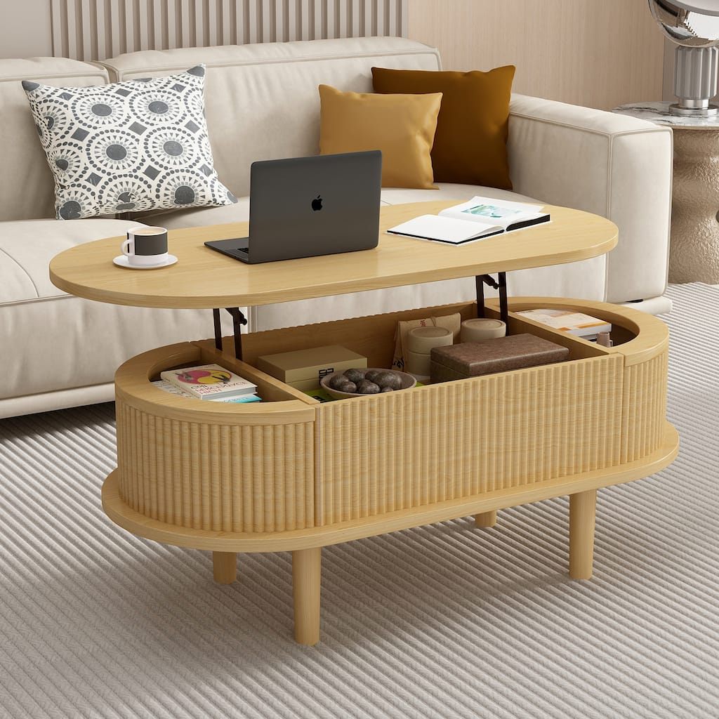 Fluted Lift Top Coffee Table with Hidden Compartment, Wooden Center Table, Modern Oval Lift Tabletop for Home