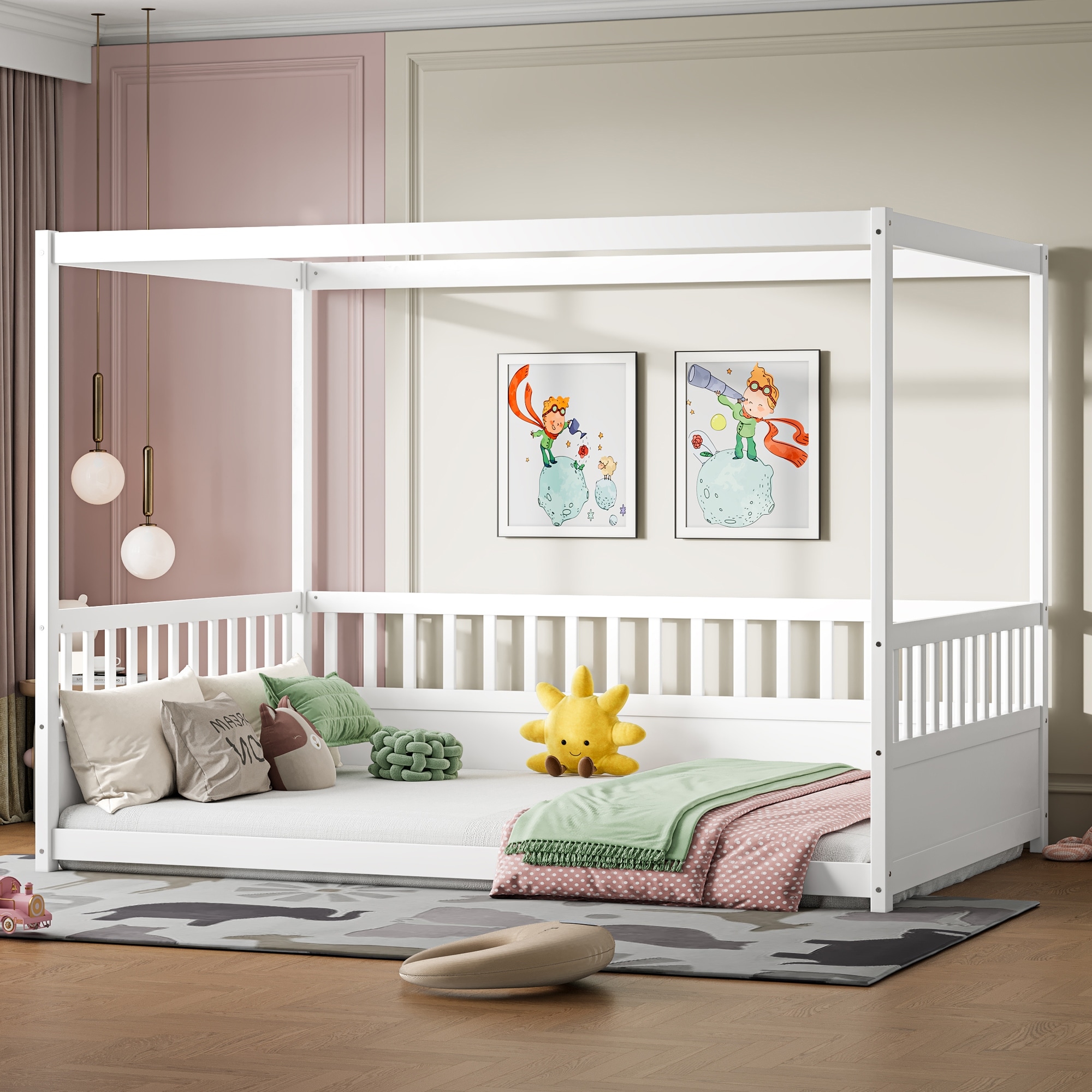 Wooden Canopy Bed Frame with Guardrails, Kids Montessori Floor Bed, Solid Pine Floor Bed Frame with Four Poster Design