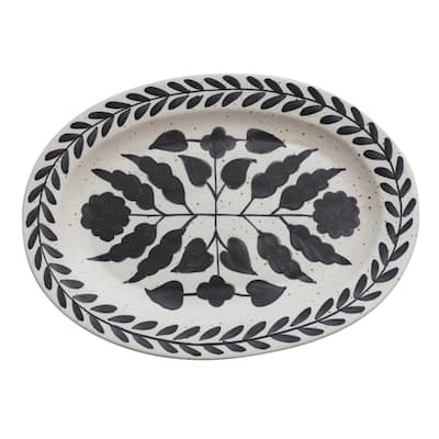 Hand Painted Stoneware Platter with Floral Design - 18.0"L x 13.0"W x 2.0"H