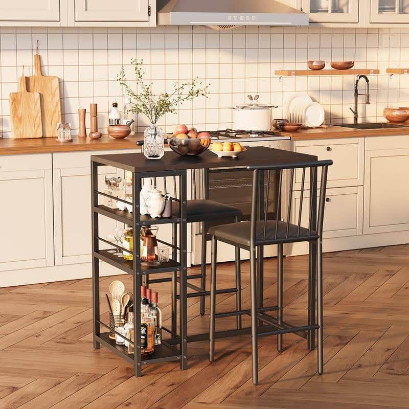 3 Pieces Bar Table Set and Chairs Set for 2 with 3 Storage Shelves