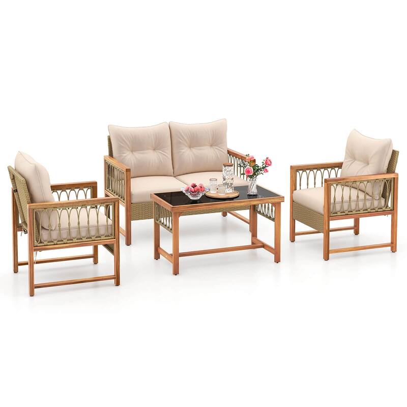 Costway 4 PCS Patio Furniture Set with Acacia Wood Frame Cushions and - See Details