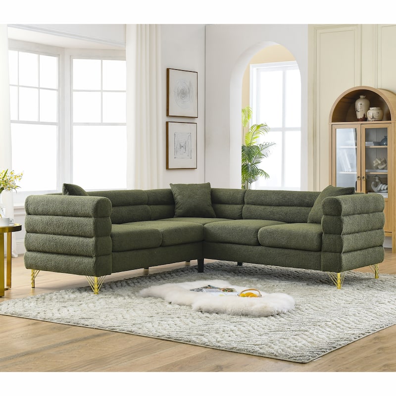 Modern Corner Sofa with Teddy Fabric and Metal Legs, 3-Seater with 3 Pillows