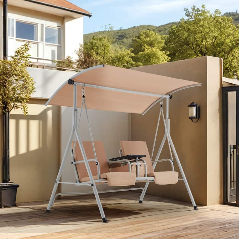 Outdoor Swing with Stand, Canopy, Pivot Table & 2 Cup Holders - Patio, Balcony, Bedroom