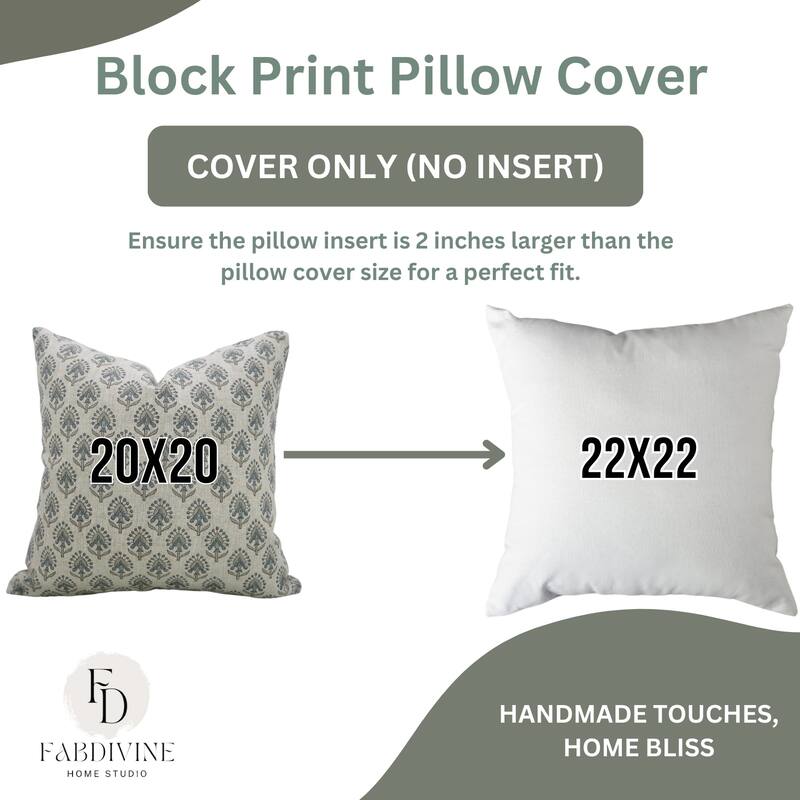 Fabdivine Handmade Accent Blue Heavy Linen Pillow Cover for Living Room or Couch Fall Decor Block Print Cushioncase, Garud