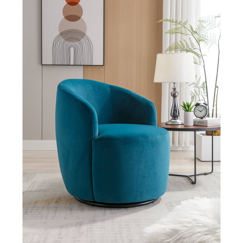 Modern Barrel Swivel Accent Chair with Metal Base, Round Velvet Upholstered Reading Chair w/ Curved Back for Living Room Bedroom