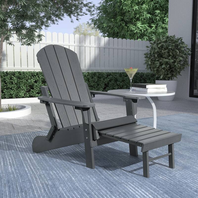 Hurley Folding Poly Plastic Adirondack Chair with Pull-out Ottoman - Gray