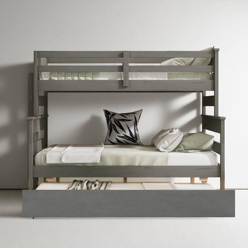 Wooden Twin Over Full Bunk Bed with Pull-Out Twin Trundle, Sturdy Slats, Safe Guardrails, Easy Assembly
