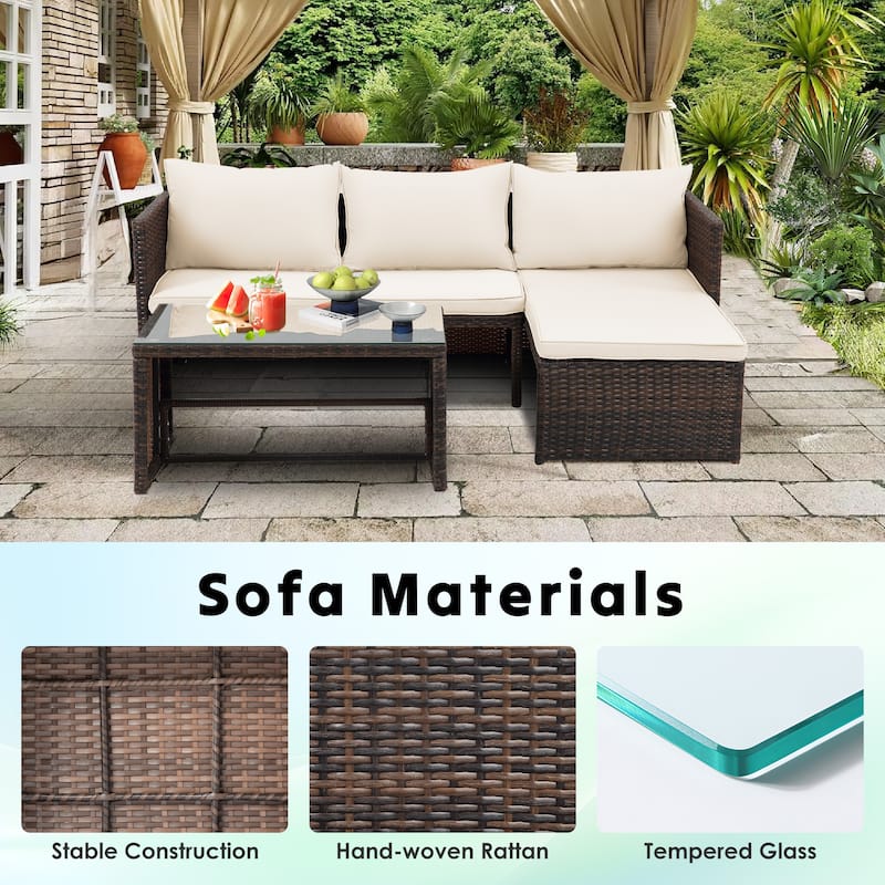 3-Piece Outdoor PE Rattan Furniture Set Patio Wicker Conversation Loveseat Sofa Sectional Couch Cushion