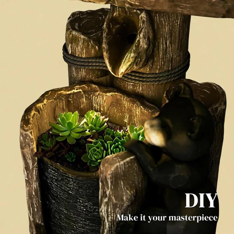 3-Tier Resin Bears on Log Outdoor Waterfall Fountain,Water Fountain with LED Lights, Pump